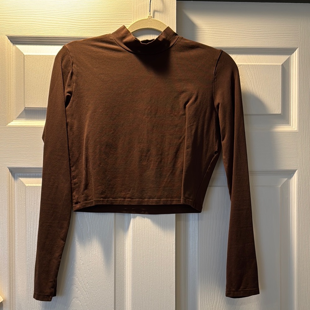 Zara Brown Fitted Long Sleeve Crop Blouse